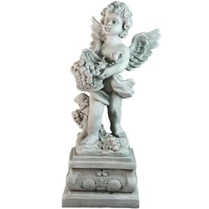 13 in. Cherub Angel Standing on Pedestal Holding a Fruit Basket Outdoor Garden Statue