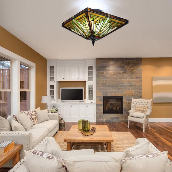 OUKANING 13.78 in. 2-Light Vintage Elegant Multi-Colored Stained