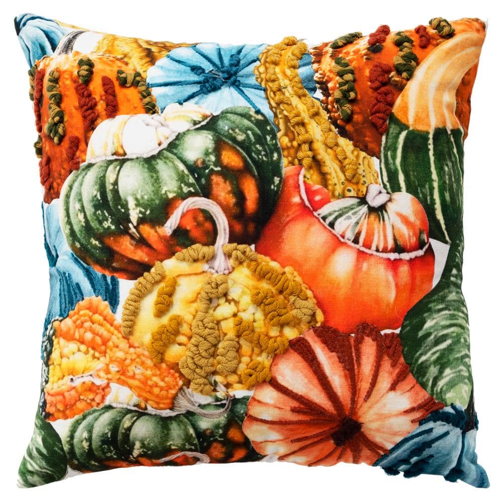 Harvest Multicolor Embroidered Cotton 20"x20" Throw Pillow