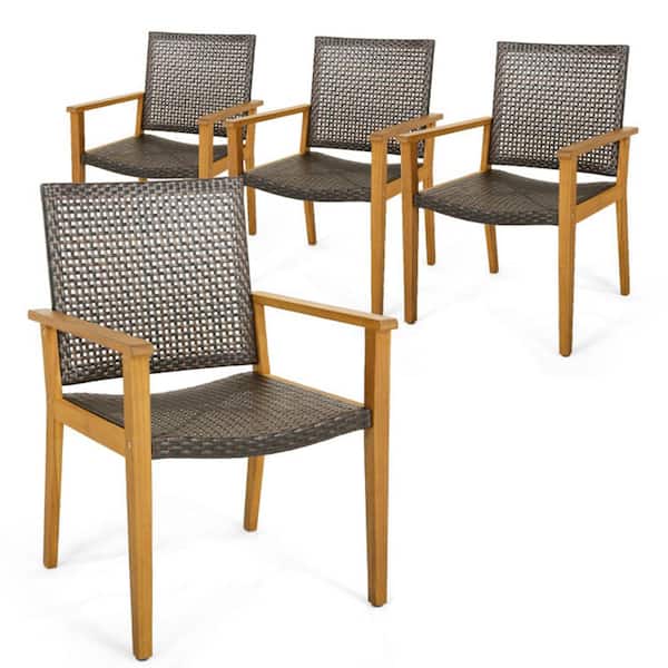 Set of 4 Brown Wicker Rattan Outdoor Dining Chair with Natural Browm Sturdy Acacia Wood Frame