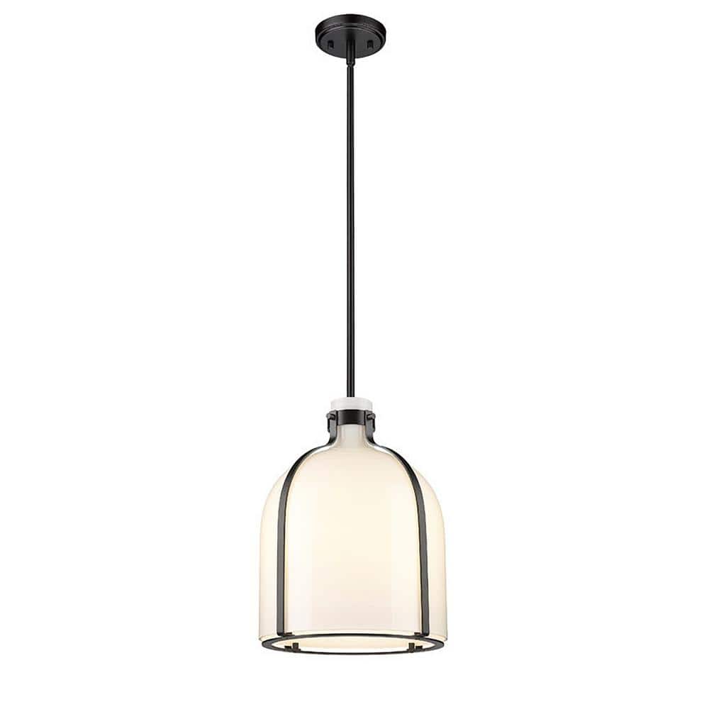 Pearson 12.25 in. 1-Light Matte Black Pendant Light with White Opal Glass S