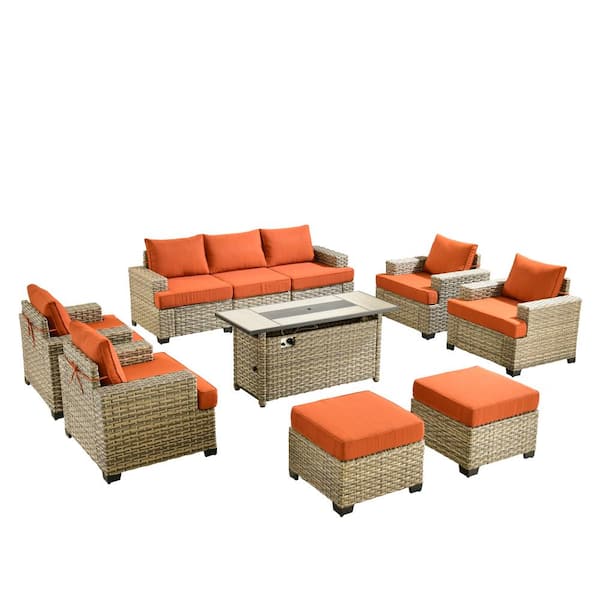 Kelleys 10-Piece Wicker Modern Outdoor Patio Furniture Conversation Sofa Set with a Fire Pit and Orange Red Cushions