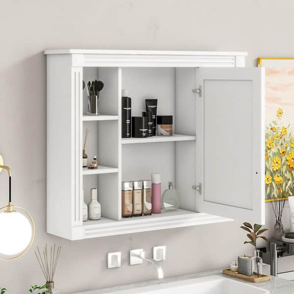 35 in. W x 28.7 in. H Rectangular MDF Medicine Cabinet in White with Mirror and 6-Open Shelves