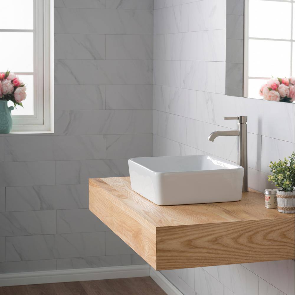 White Ceramic Rectangular Vessel Sink with Satin Nickel Faucet