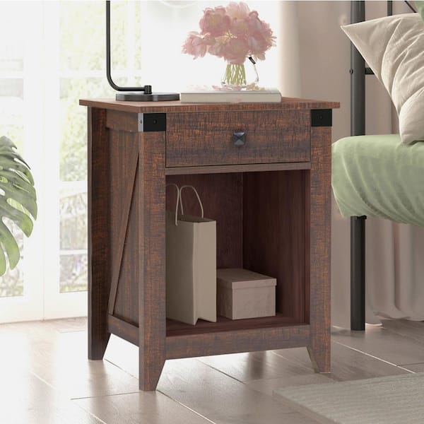 Unbranded 24 In. H Farmhouse Wood 1-Drawer Coffee Nightstand Side Table Bedroom Storage Drawer and Shelf Bedside End Table