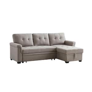 84 in. W Linen Reversible Sleeper Sectional Sofa with Storage Chaise in Light Gray