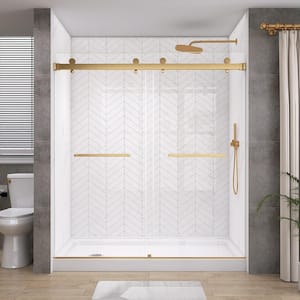 60 in. W x 76 in. H Sliding Frameless Alcove Bypass Double Glass Shower Door in Matte Brushed Gold 5/16 in. Clear Glass