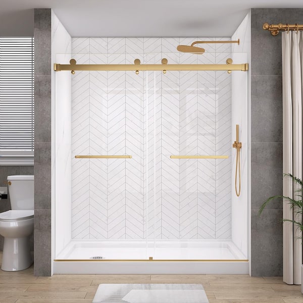 Getpro 60 in. W x 76 in. H Sliding Frameless Alcove Bypass Double Glass Shower Door in Matte Brushed Gold 5/16 in. Clear Glass