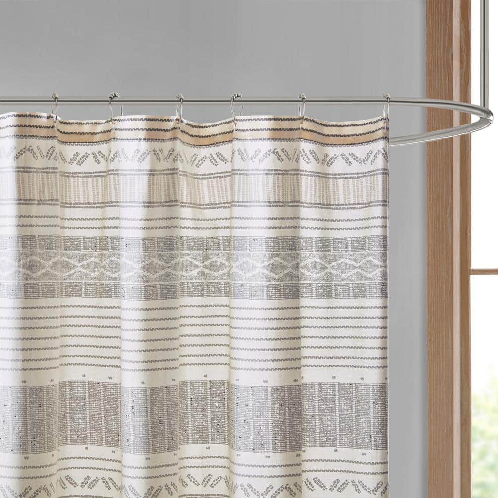 Gray and Yellow Cotton Striped Shower Curtain with Tassels