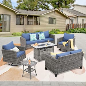 Hyperion 6-Pcs Wicker Patio Rectangular Fire Pit Set and with Denim Blue Cushions and Swivel Rocking Chairs