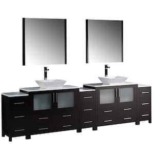 Torino 108 in. Double Vanity in Espresso with Glass Stone Vanity Top in White with White Basins and Mirrors