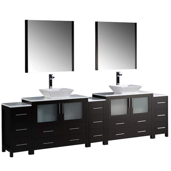 Fresca Torino 108 in. Double Vanity in Espresso with Glass Stone Vanity Top in White with White Basins and Mirrors