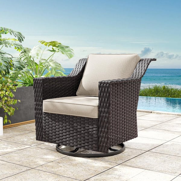 Wicker Outdoor Rocking Chair Patio Swivel Chair with Beige Cushions
