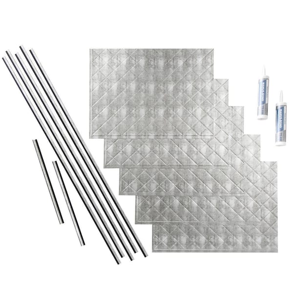 FASÄDE Traditional Style 4 Decorative Vinyl Backsplash 15 Sq Ft Kit In Crosshatch Silver FASÄDE Traditional Style 4 Decorative Vinyl Backsplash 15 Sq Ft Kit In Crosshatch Silver