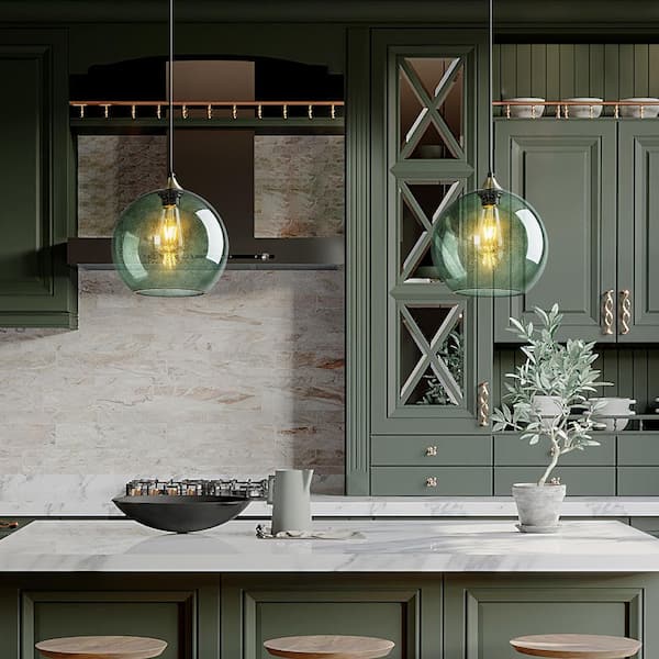 Home Lighting ‎60-Watts 1 Light 9.84 in. GreyGreen Glass Pendant Light for Kitchen Island, No Bulbs Included, 2-Pack