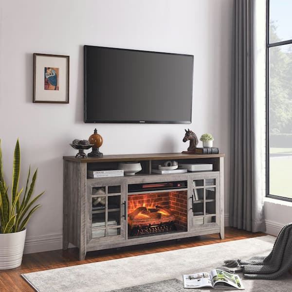 55 in. Freestanding Electric Fireplace in Gray with Electric Fireplace KD Inserts Heater and Infra Red Remote Control