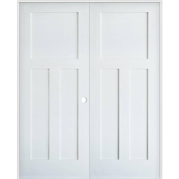 Krosswood Doors 64 in. x 80 in. Craftsman Shaker 3-Panel Left Handed MDF Solid Core Primed Wood Double Prehung Interior French Door