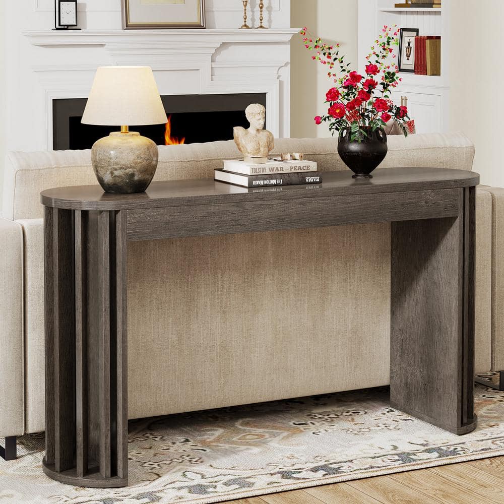 BYBLIGHT Turrella 59 in. Gray Oval Wood Sofa Console Table Farmhouse Accent Table for Entryway Hallway BB XK00648QP The Home Depot