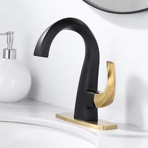 Brass Single Handle Single Hole Bathroom Faucet with Deckplate Included and Drain Kit in Black and Gold