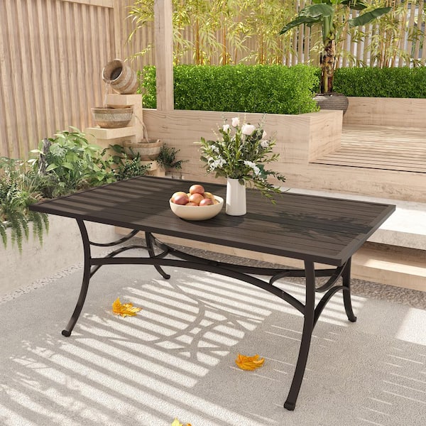 Brown Realistic Grain Steel Outdoor Dining Table with Umbrella Hole