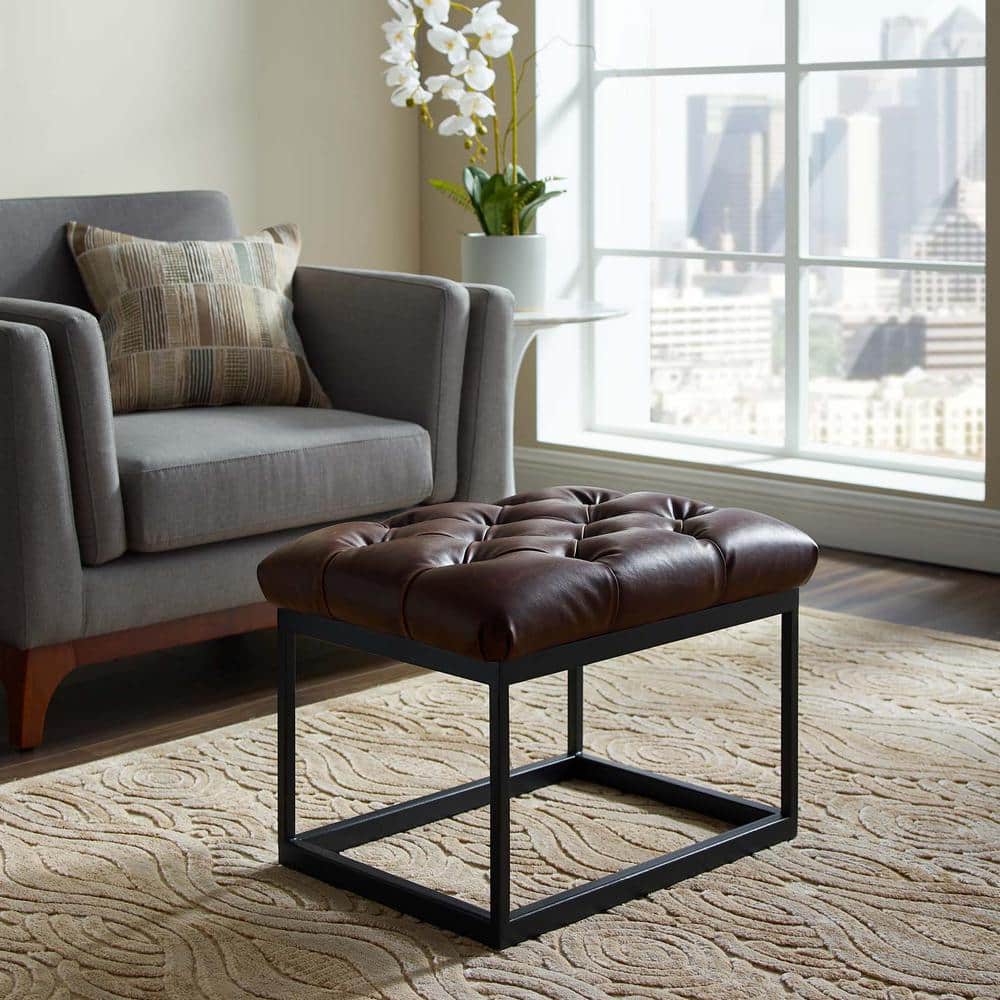Brown Tufted Faux Leather Ottoman with Black Iron Base