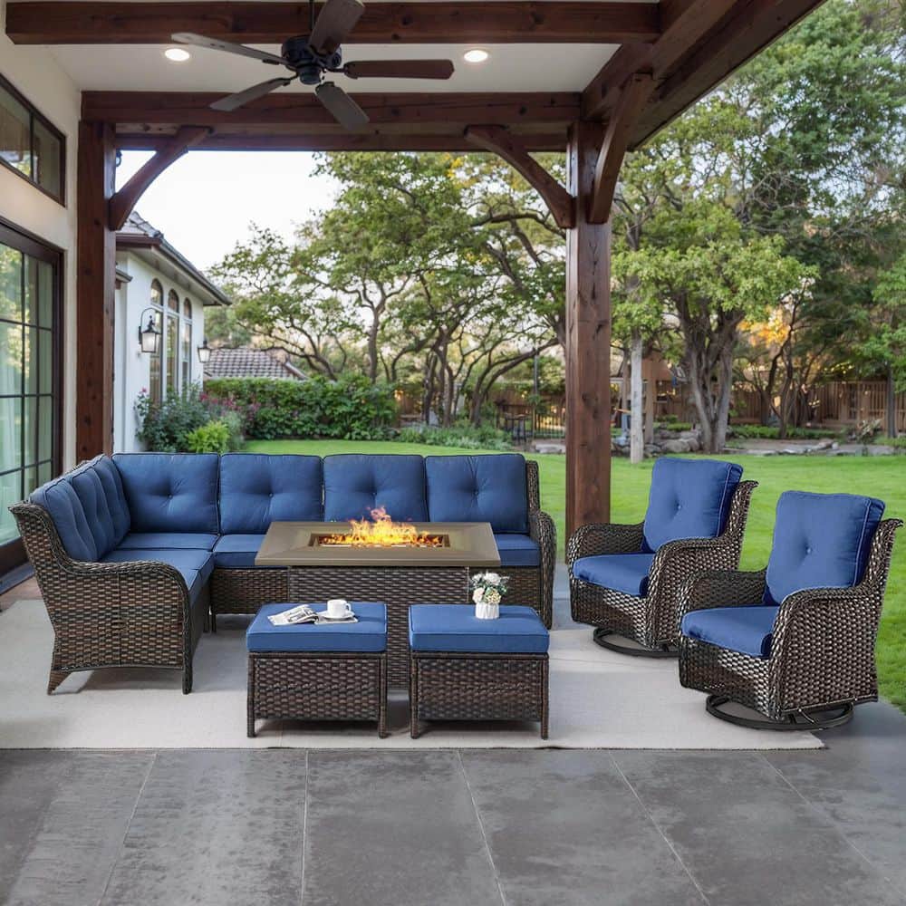 Brown 6-Piece Wicker Patio Fire Pit Set, Outdoor Sectional Seating Set with Olefin Navy Blue Cushions and Swivel Rockers price history on PriceWatchPro