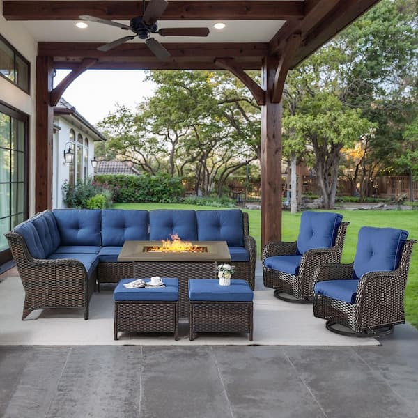 Brown 6-Piece Wicker Patio Fire Pit Set, Outdoor Sectional Seating Set with Olefin Navy Blue Cushions and Swivel Rockers