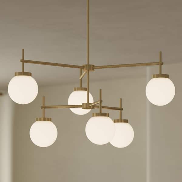 Rigsby 60-Watt 6-Light Brushed Gold Transitional 2-Tier Chandelier with Opal Glass Shades