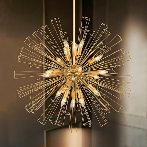 RRTYO Ellis 18-Light 33.8 in.W Gold Modern Cluster Sputnik Pendant Geometric Starburst Firework Sphere Chandelier