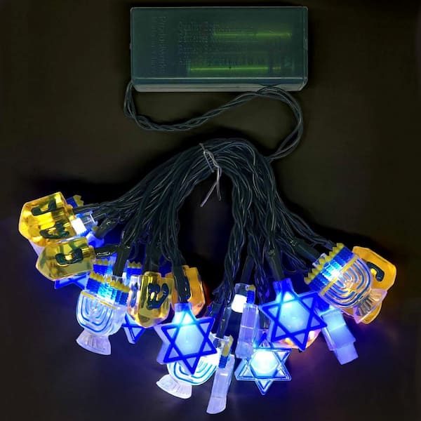Product Works Brilliant Hanukkah Star of David, Menorah, Dreidel 20-Count Battery OP LED String Lights On/Off/Twinkle/Timer