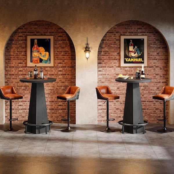Adan 37.4 in. H Modern Black Round Bar Table Bistro Pub Table with High Top and Metal Footrest (Set of 2)