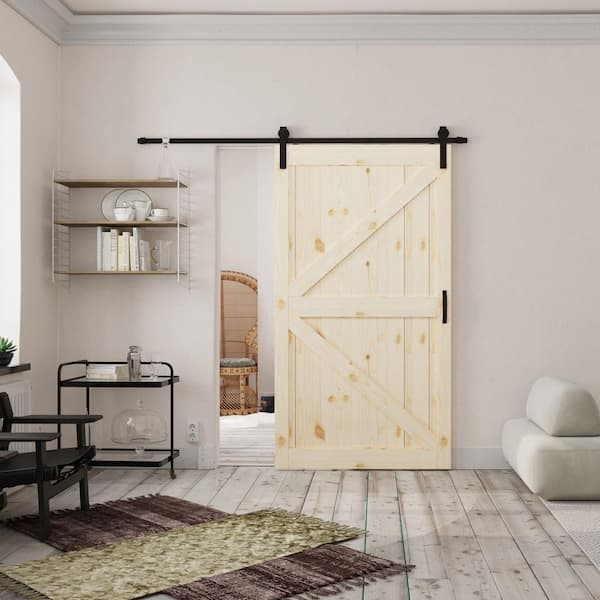 48in x 84in K-Frame, Pine Wood Unfinished, Textured Barn Door Slab with Barn Door Hardware