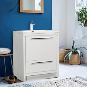 30 in. W x 19.70 in. D x 34.30 in. H Freestanding Single Integrated Sink Bath Vanity in White w/ Top, Soft Close Drawer