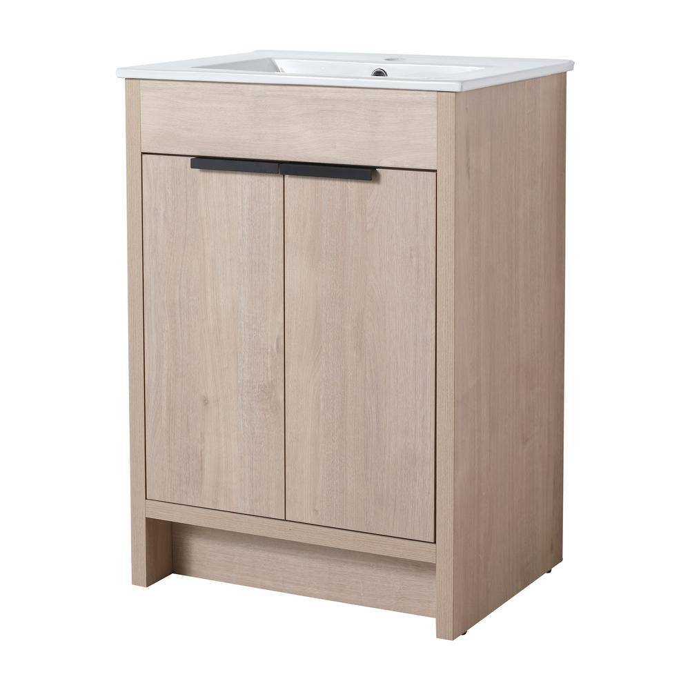 FAMYYT 24 in. W x 18.3 in. D x 34 in. H Single Sink Freestanding Bath Vanity in White with White Ceramic Top and Sink, Plain Light Oak -  XJ-9W24WH-L