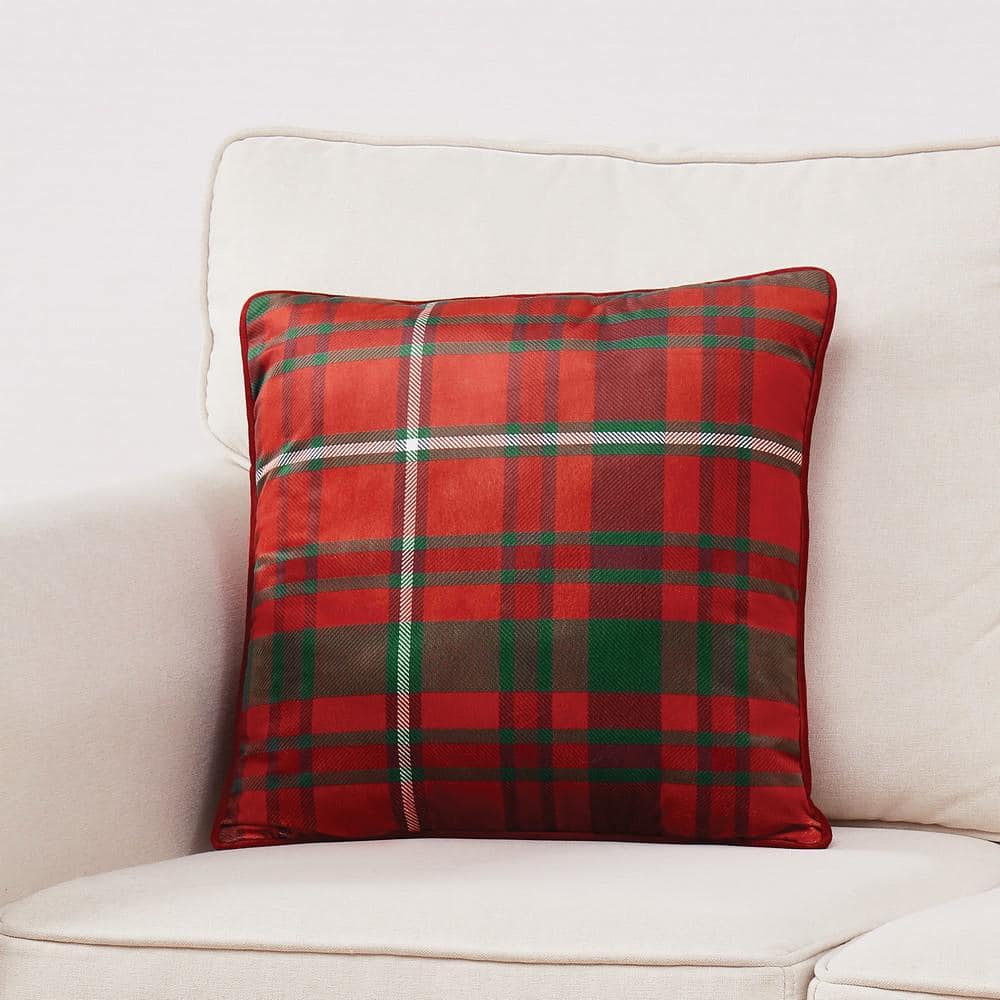 Red Plaid Chenille 18" Square Holiday Throw Pillow