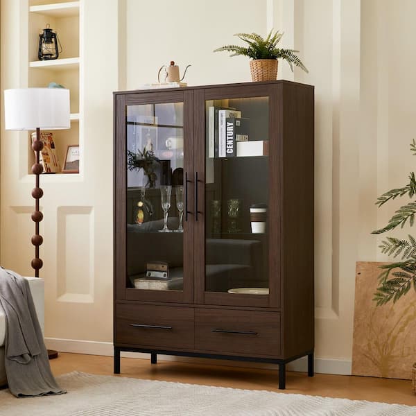 Dark Walnut 60 in. Accent Cabinet with Tempered Glass Adjustable Shelves, Modern Office Storage Cabinet with Metal Legs