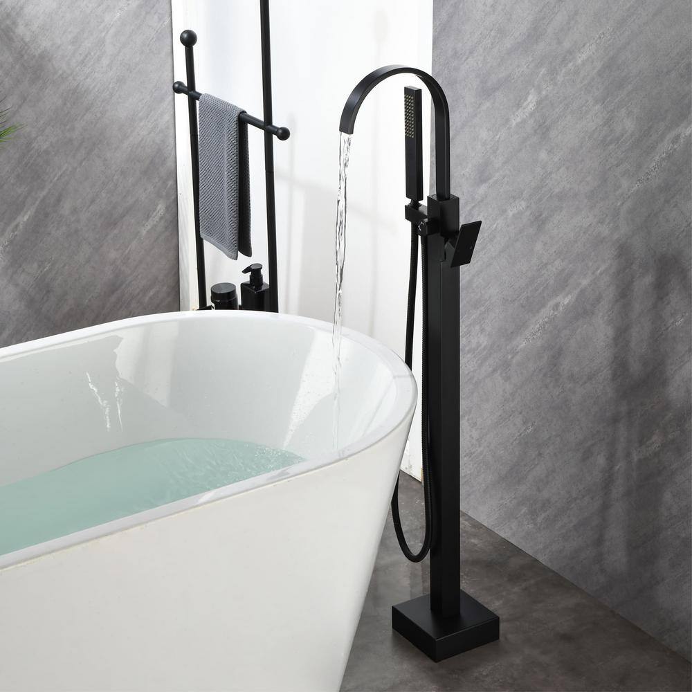 Matte Black Brass Freestanding Waterfall Tub Faucet with Hand Shower
