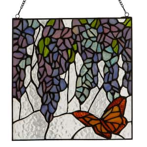 Orange Butterfly and Wisteria Flowers Multicolored Stained Glass Window Panel