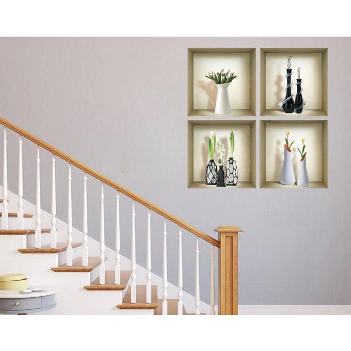 Set of Four 12 x 12 Inch Beige and Black Faux Niche 3D Wall Decals