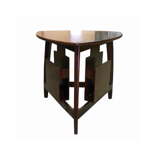 Benjara 22 in. H Cherry Brown Wooden Accent Table with Tripod Base and Magazine Holder