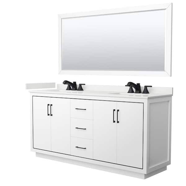 Wyndham Collection Icon 72 in. W x 22 in. D x 35 in. H Double Bath Vanity in White with White Quartz Top and 70 in. Mirror