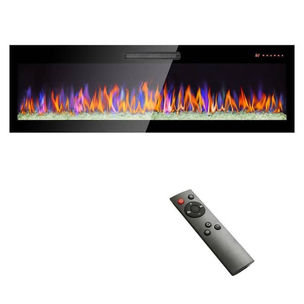 60 in. Wall Mount Electric Fireplace in Black with Tempered Glass, Remote Control, and Multi-Color Flame
