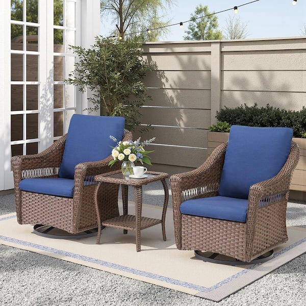 AMCLOBA 3-Piece Wicker Patio Conversation Outdoor Rocking Chair Set with Blue Cushions, 360° arbitrary rotation