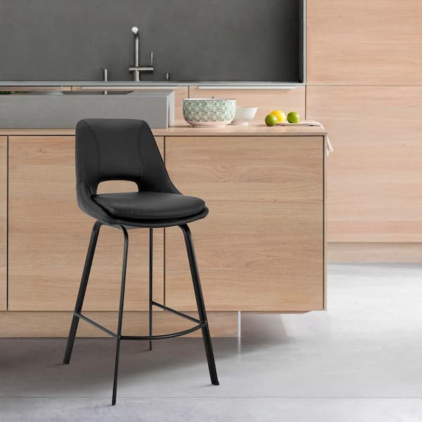 Armen Living Carise 26 in Counter Height Swivel Stool w/ High Back Black Faux Leather and Black Metal Finish