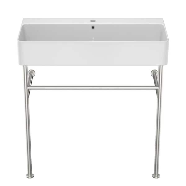 Wynnt Modern 31.5 in. Ceramic Console Sink with Stainless Steel in Chrome Legs White Basin