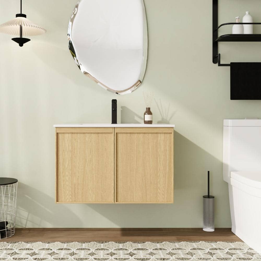 30 in. Wall-Mounted Single Light Oak Bath Vanity with White Ceramic Top Unassembled price history on PriceWatchPro