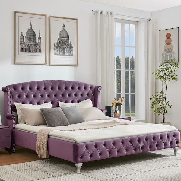 Zyrah Glam Purple Velvet Upholstery Wood Frame King Platform Bed with Diamond Button-Tufted Wingback Headboard, Nailhead