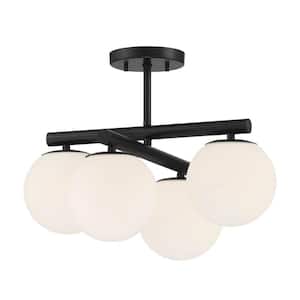 Crown Heights 18 in. 4-Light Matte Black Semi Flush Mount with Etched Glass Shades