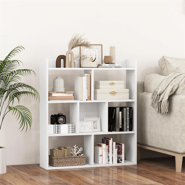 HONEY JOY 35.5 in. Tall White Wood 7-Shelf Open-back Free-standing Horizontal Bookcase with Anti-Toppling
