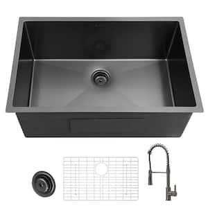 23 in. Undermount Single Bowl 18 Gauge Gunmetal Black Stainless Steel Kitchen Sink with Black Spring Neck Faucet